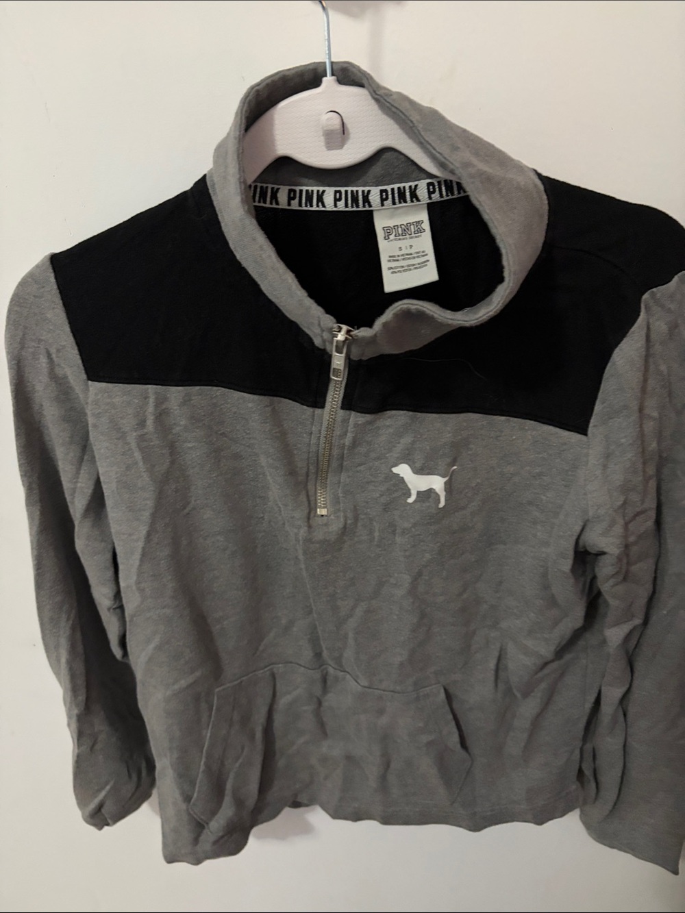 PINK Victoria's Secret Gray and Black Half-Zip Pullover with Dog Logo